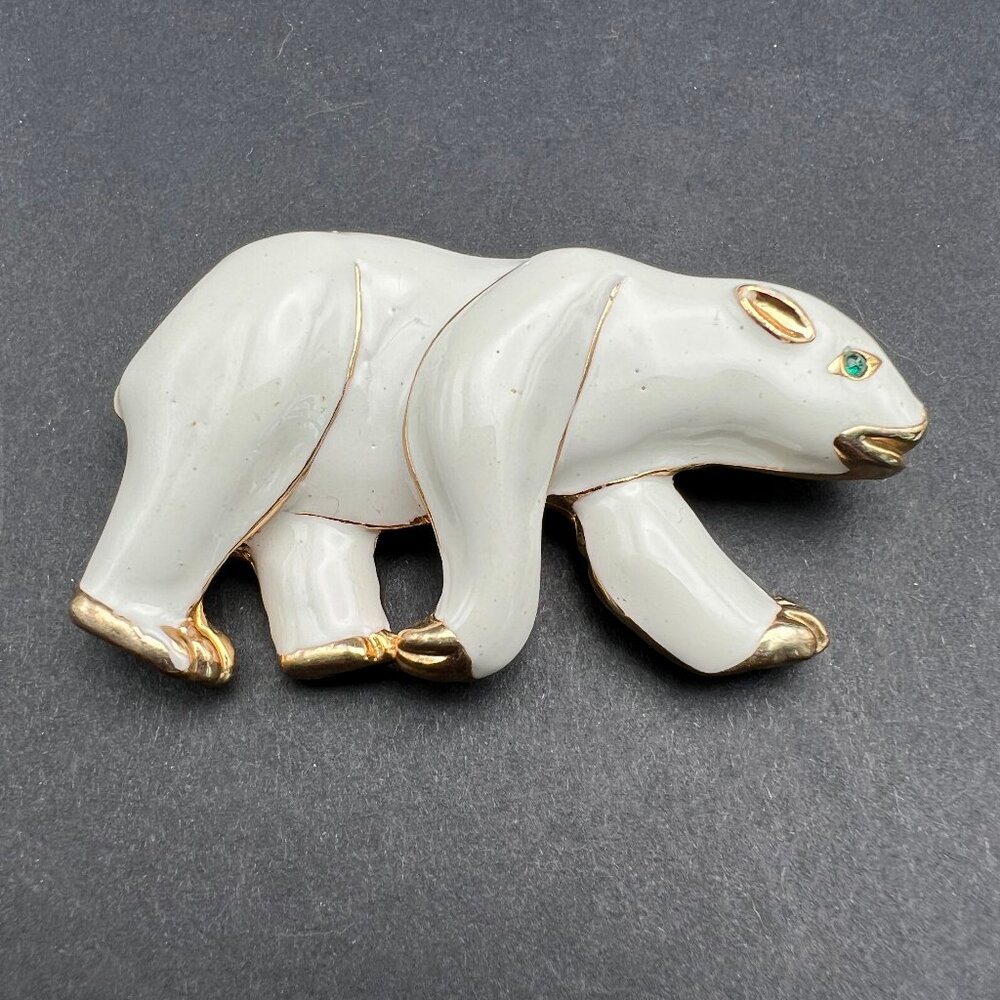 Vintage Enamel Bear Brooch Gold Tone Accents Green Crystal Eye‎ Pin
